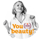 A black and white photo of a smiling older woman with her arms up with an orange title of "You beauty"