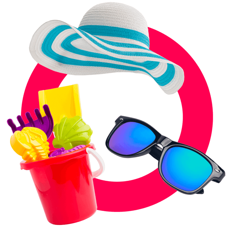 Image of Nectar360 pink ring logo with summer items including sunhat, sunglasses & bucket with spade
